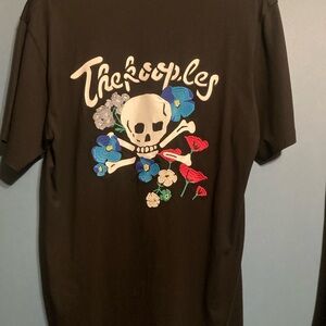 The Kooples Classic Black Tee. Embroidered flowers and Skull on Back. Medium.